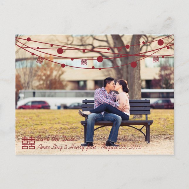 Double Happiness Lanterns Wedding Save the Date Announcement Postcard (Front)