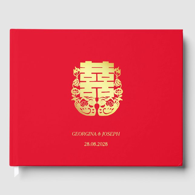 Double Happiness & Mandarin Ducks Chinese Wedding Guest Book (Front)