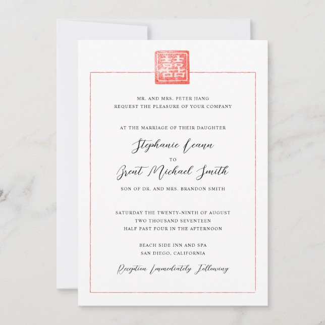 Double Happiness Modern Chinese American Wedding Invitation (Front)