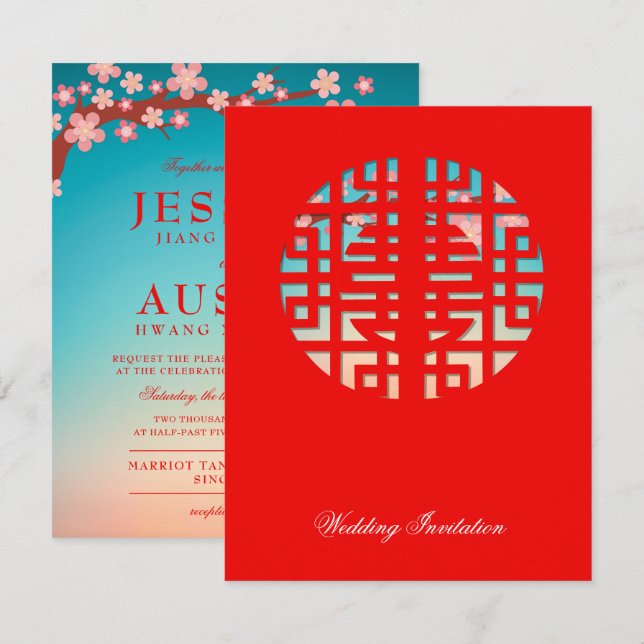Double Happiness New Dawn Chinese Wedding Invitation (Front/Back)