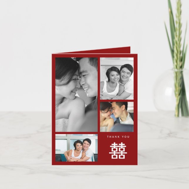 Double Happiness Red Chinese Wedding Photo Collage Thank You Card (Front)