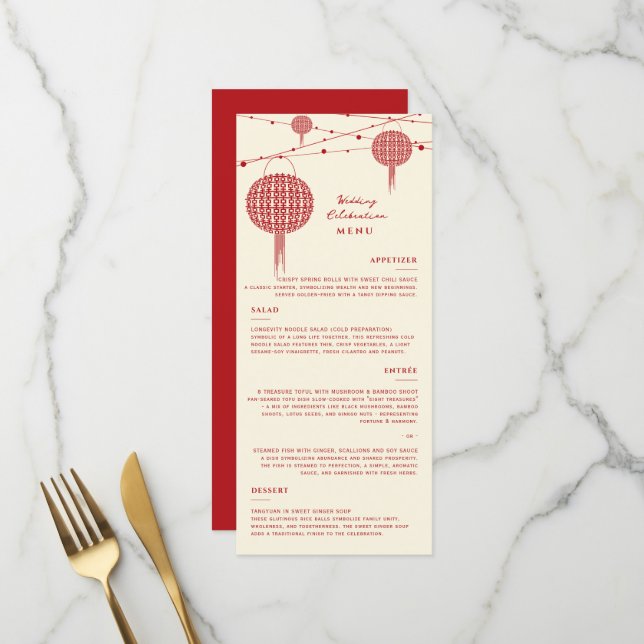 Double Happiness Red Lanterns Chic Chinese Wedding Menu (Front/Back In Situ)