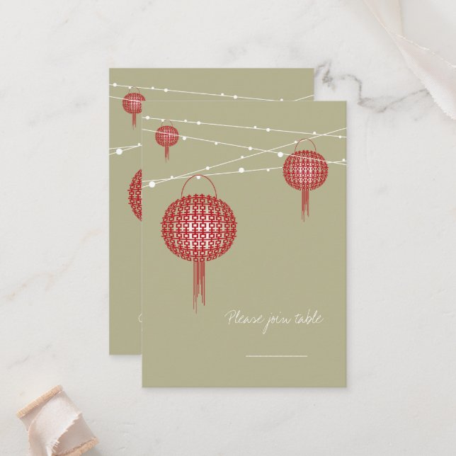 Double Happiness Red Lanterns Chic Chinese Wedding Place Card (Front/Back In Situ)