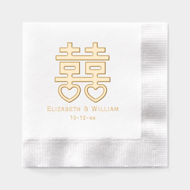 Double Happiness Symbol #3 Hrt Wedding Names Date Foil Napkins (Front)