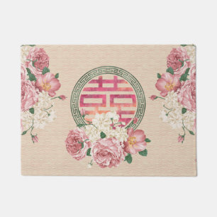 Double Happiness Symbol on Gentle Peony pattern Doormat