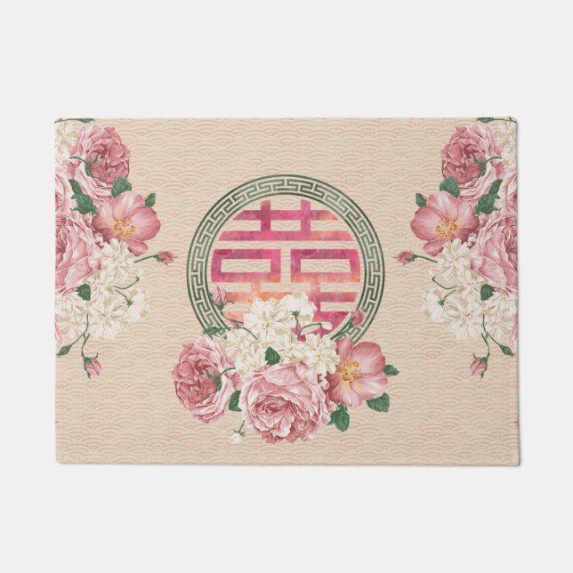 Double Happiness Symbol on Gentle Peony pattern Doormat (Front)