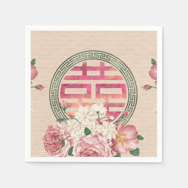 Double Happiness Symbol on Gentle Peony pattern Napkin (Front)
