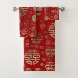Double Happiness Symbol pattern - Gold on red Bath Towel Set