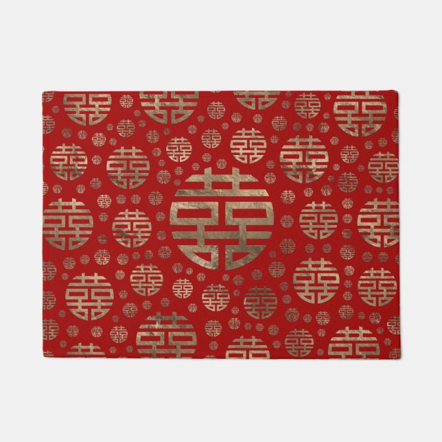 Double Happiness Symbol pattern - Gold on red Doormat (Front)