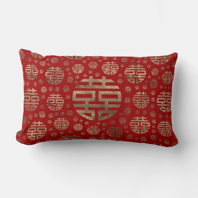 Double Happiness Symbol pattern - Gold on red Lumbar Pillow (Front)