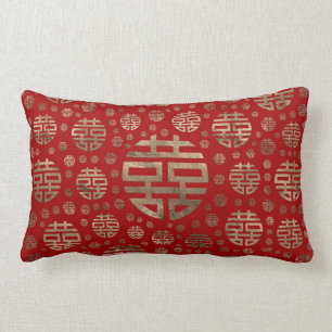 Double Happiness Symbol pattern - Gold on red Lumbar Pillow