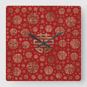Double Happiness Symbol pattern - Gold on red Square Wall Clock