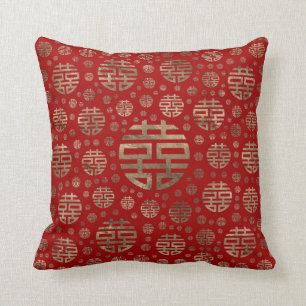 Double Happiness Symbol pattern - Gold on red Throw Pillow