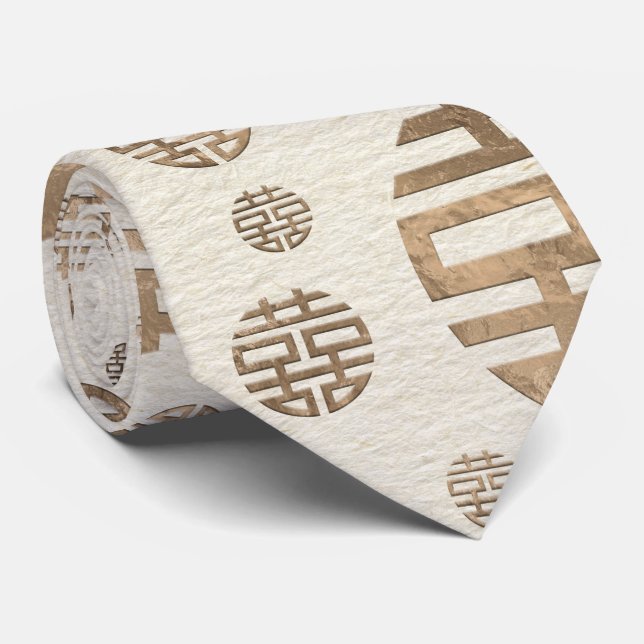 Double Happiness Symbol pattern - pastel gold Tie (Rolled)