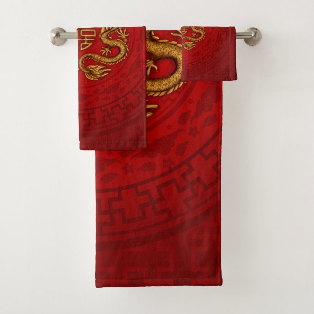 Double Happiness Symbol with Phoenix and Dragon Bath Towel Set (Insitu)