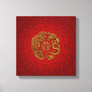 Double Happiness Symbol with Phoenix and Dragon Canvas Print