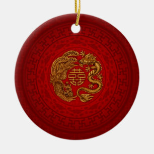 Double Happiness Symbol with Phoenix and Dragon Ceramic Ornament