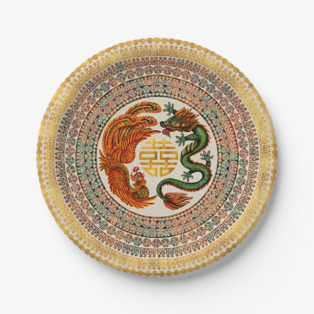 Double Happiness Symbol with Phoenix and Dragon Paper Plate (Front)