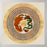 Double Happiness Symbol with Phoenix and Dragon