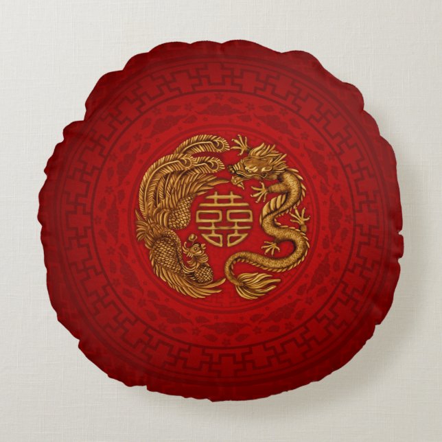 Double Happiness Symbol with Phoenix and Dragon Round Pillow (Front)