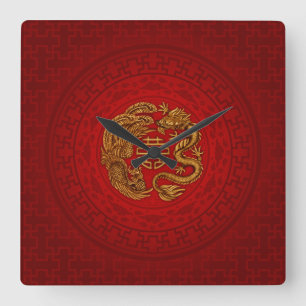Double Happiness Symbol with Phoenix and Dragon Square Wall Clock