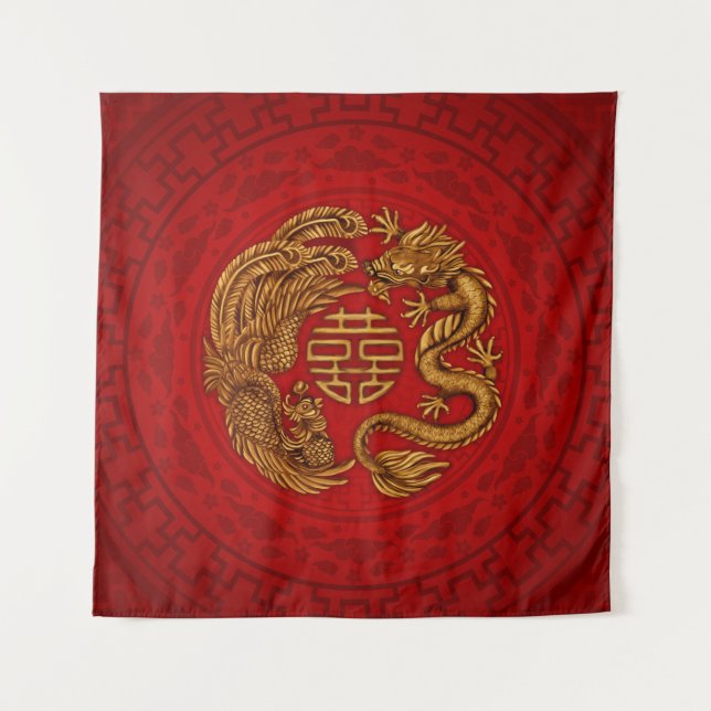 Double Happiness Symbol with Phoenix and Dragon Ta Tapestry (Front)