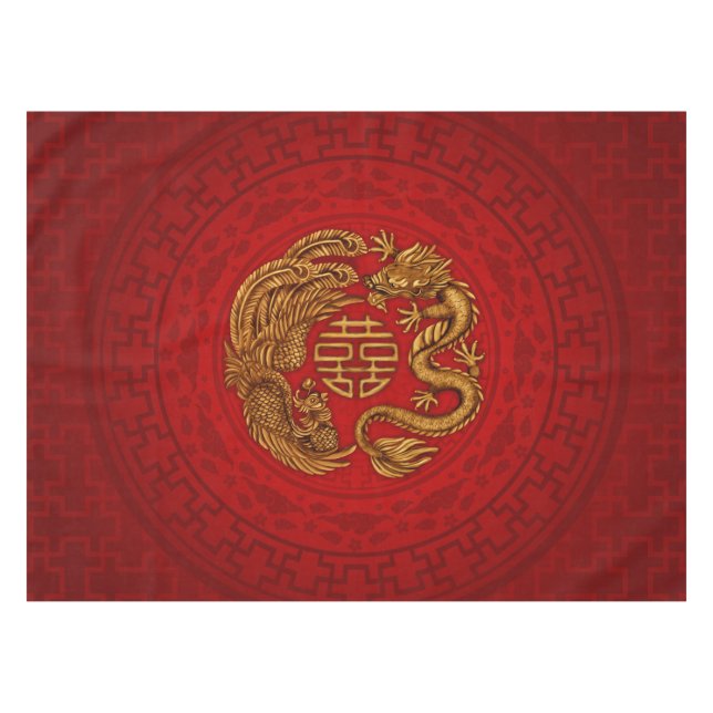 Double Happiness Symbol with Phoenix and Dragon Tablecloth (Front (Horizontal))