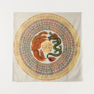 Double Happiness Symbol with Phoenix and Dragon Tapestry
