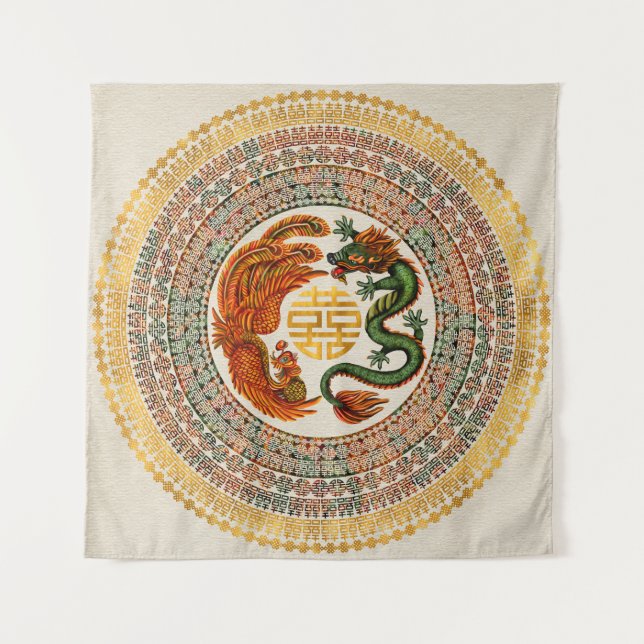 Double Happiness Symbol with Phoenix and Dragon Tapestry (Front)