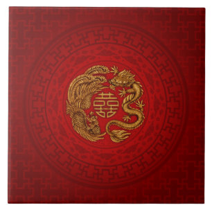 Double Happiness Symbol with Phoenix and Dragon Tile
