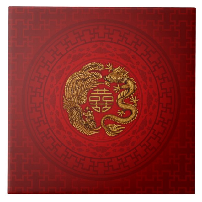 Double Happiness Symbol with Phoenix and Dragon Tile (Front)