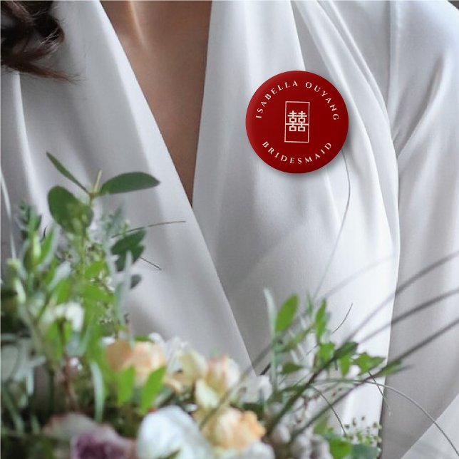 Double Happiness Team Bride Chinese Wedding Party 2 Inch Round Button (BRIDESMAID Simple Rectangle Double Happiness Chinese Wedding Party Button @ fatfatin_red_knot)