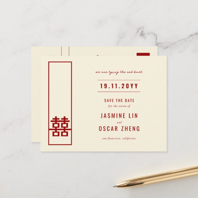 Double Happiness Wedding Save The Date Postcard (Front/Back In Situ)