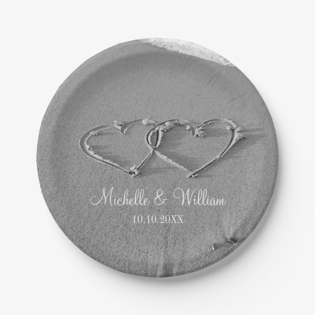 Double heart in beach sand wedding party plates (Front)