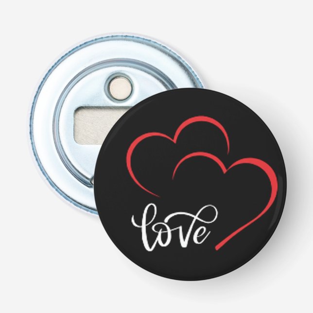 Double Heart 'Love' Badge/Pin Button Bottle Opener (Front)