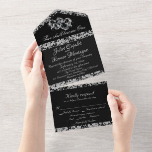 Double Hearts & Glitter - Black All In One Invitation