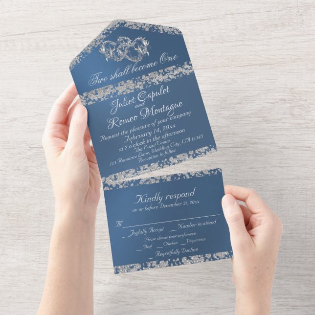 Double Hearts & Glitter - Blue All In One Invitation (Tearaway)