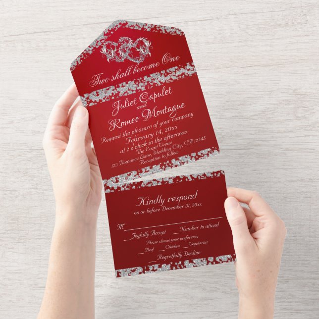 Double Hearts & Glitter - Crimson Red All In One Invitation (Tearaway)
