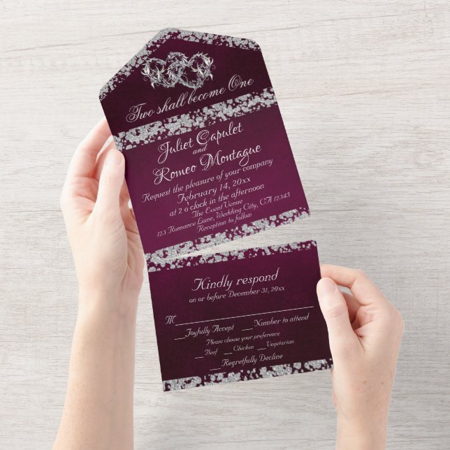 Double Hearts & Glitter - Purple All In One Invitation (Tearaway)