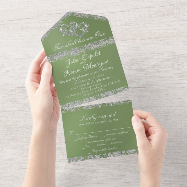 Double Hearts & Glitter - Sage All In One Invitation (Tearaway)