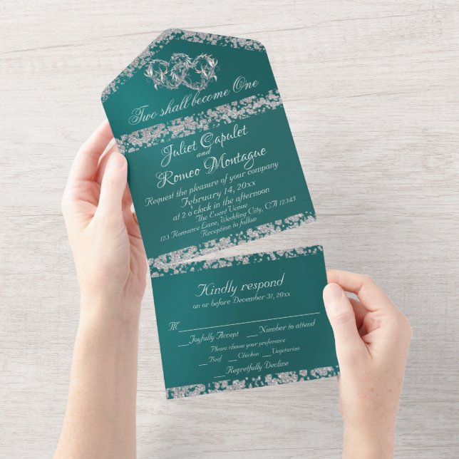 Double Hearts & Glitter - Teal All In One Invitation (Tearaway)