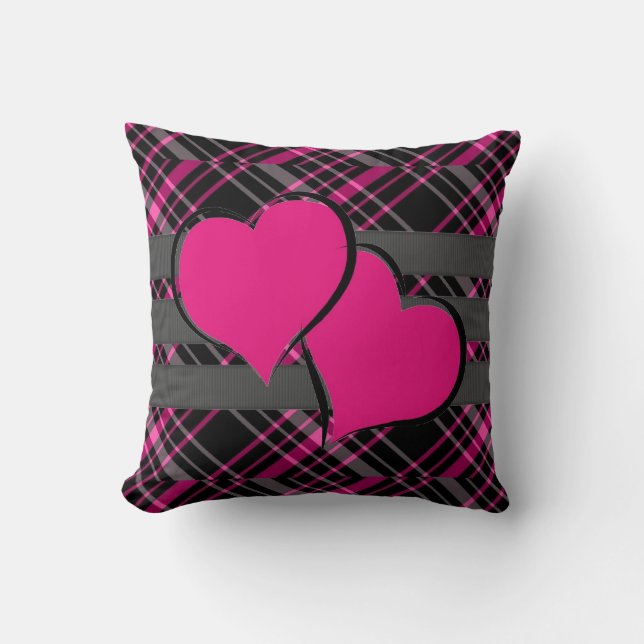 Double Hearts & Pink Plaids Throw Pillow (Front)