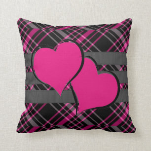 Double Hearts & Pink Plaids Throw Pillow