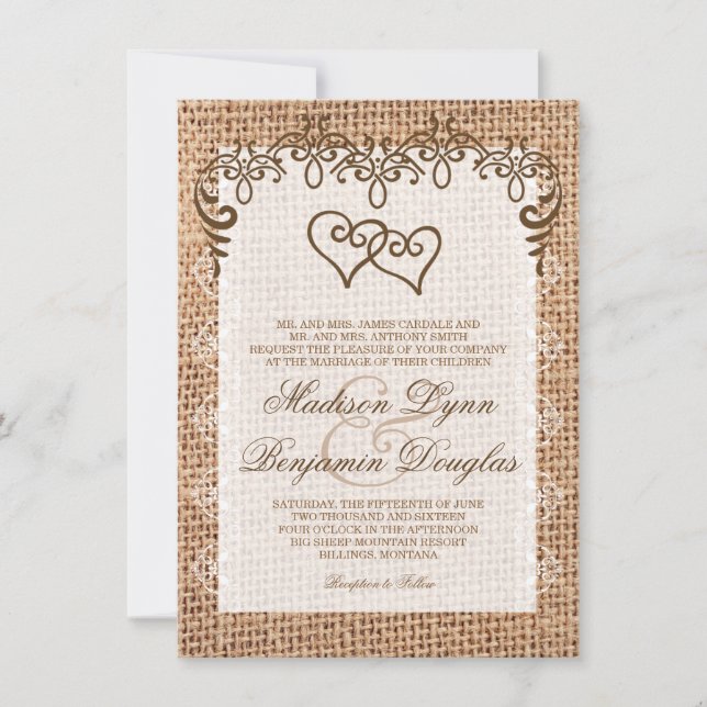 Double Hearts Rustic Burlap Wedding Invitations (Front)