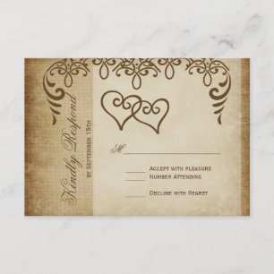 Double Hearts Rustic Burlap Wedding RSVP Cards