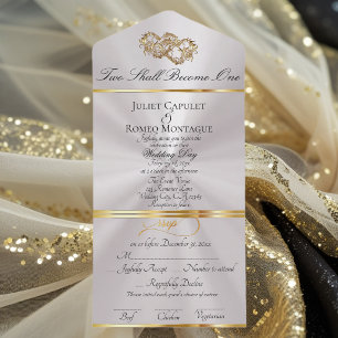 Double Hearts - White Pearl/Gold All In One Invitation