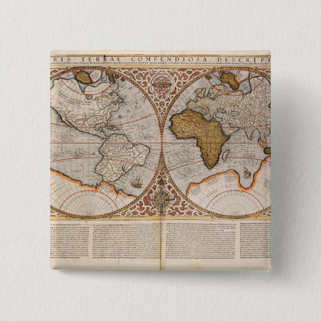Double Hemisphere World Map, 1587 2 Inch Square Button (Front)