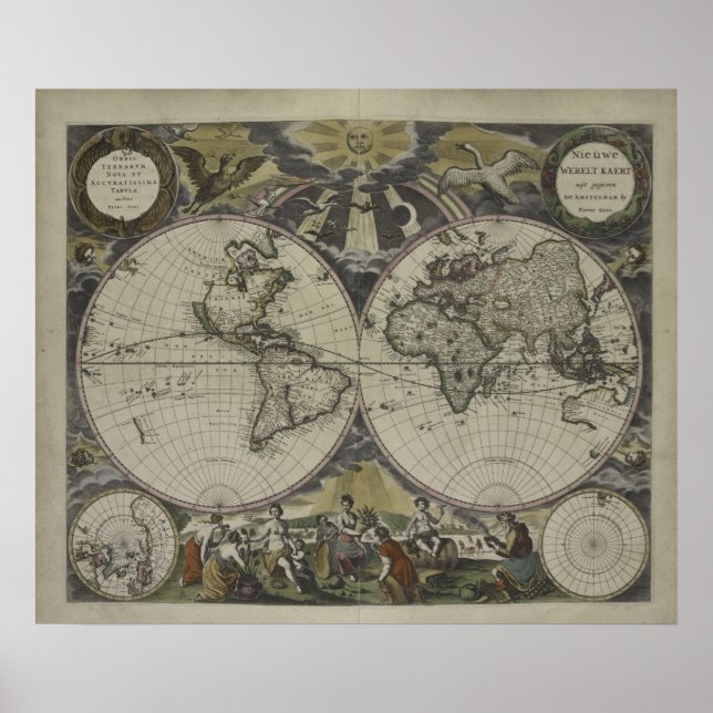 Double Hemisphere World Map | 1672 Poster (Front)