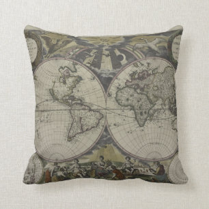 Double Hemisphere World Map 1672 Throw Pillow