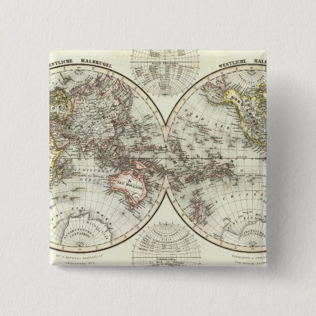 Double Hemisphere World Map 2 Inch Square Button (Front)